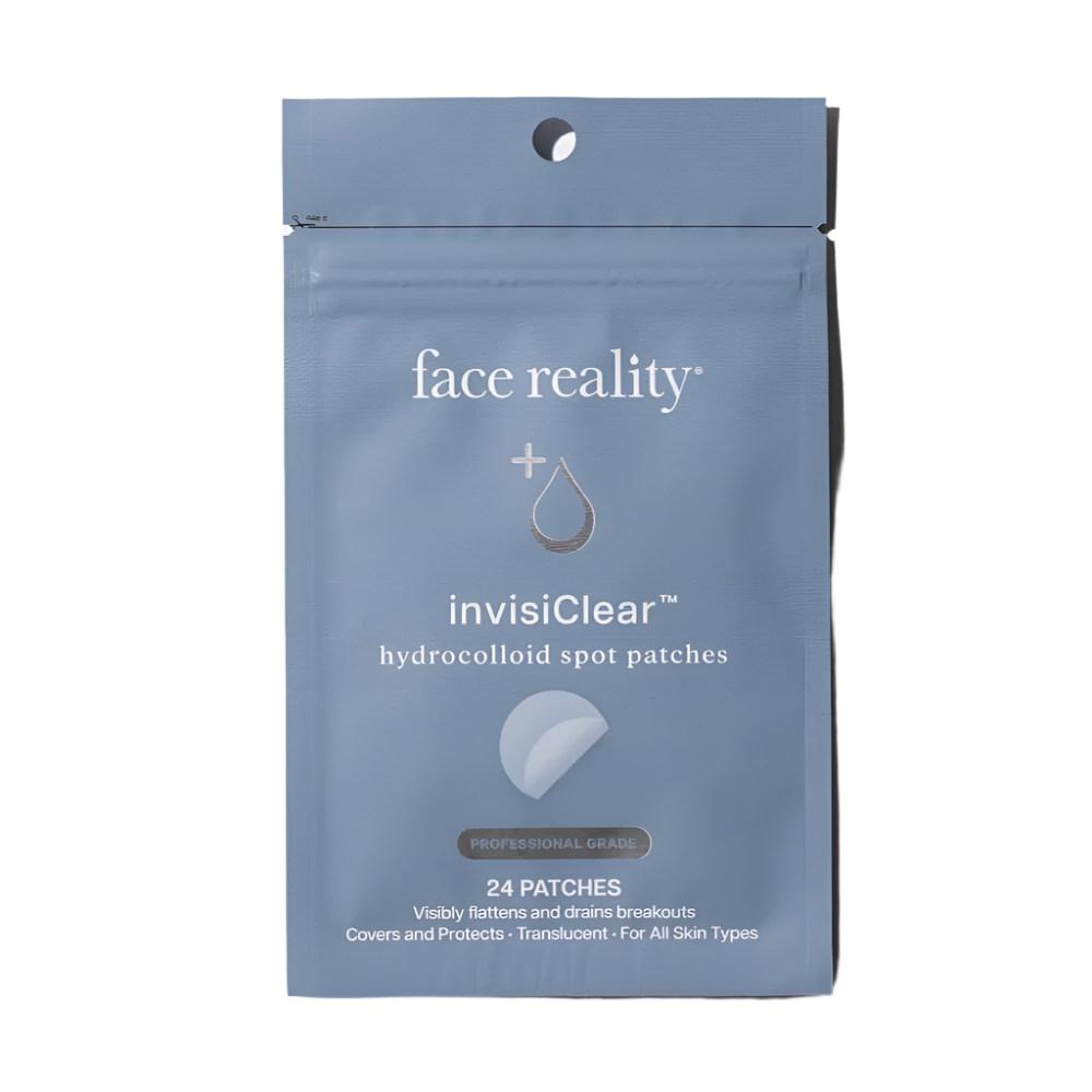 Blue package of face reality invisiclear hydrocolloid spot patches on a light gray background